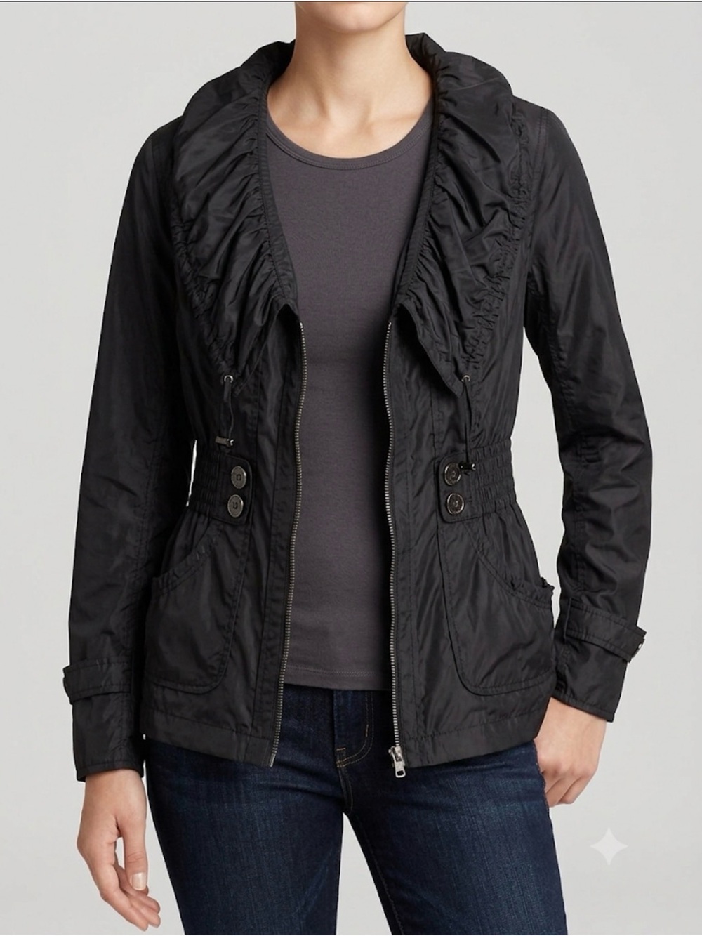 Women’s Black Ruffle-Trim Utility Jacket